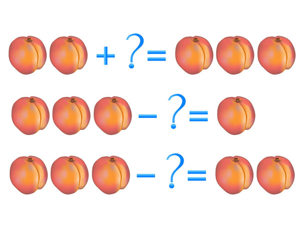 Action relationship of addition and subtraction, examples with peaches. Educational games for children. - Vector, Image