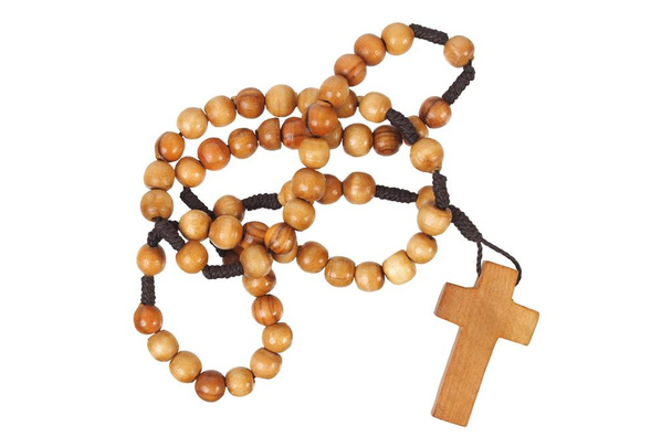 Wooden rosary on white - Фото, изображение