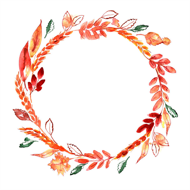 Watercolor hand painted autumn wreath with ears and orange leaves. Thanksgiving decoration - Foto, afbeelding