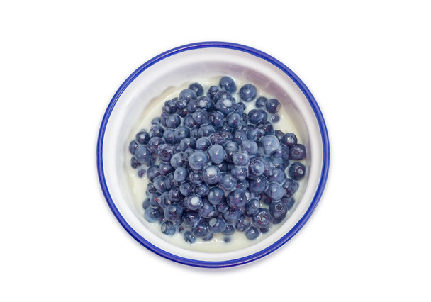 Bovenaanzicht van de blauwe bosbes dessert met gezoete gecondenseerde melk - Foto, afbeelding