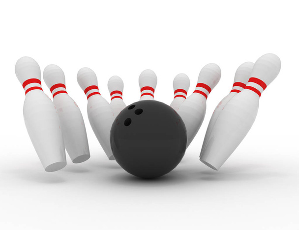 Bowling pin sztrájk. 3D-s renderelt illusztráció - Fotó, kép