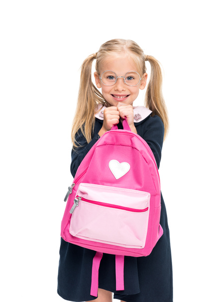 excited schoolgirl with pink backpack - Fotó, kép