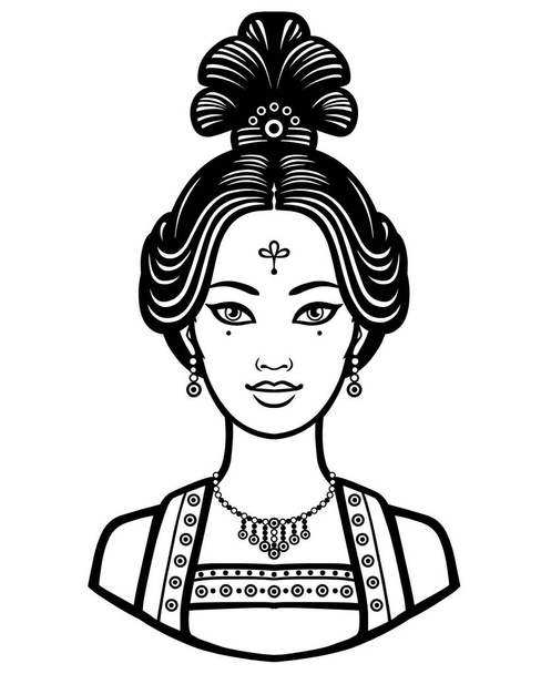 Portrait of the young Chinese girl with an ancient hairstyle. Monochrome vector illustration isolated on a white background. - Διάνυσμα, εικόνα