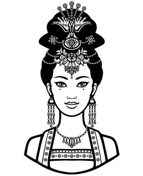 Portrait of the young Chinese girl with an ancient hairstyle. Monochrome vector illustration isolated on a white background. - Vektor, obrázek