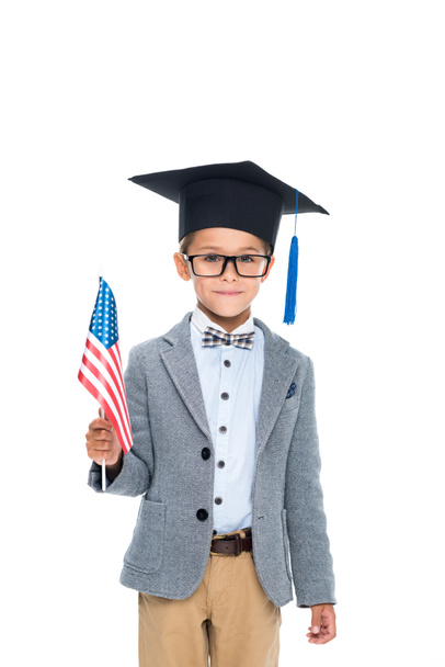 schoolboy with usa flag and graduation hat - Fotó, kép