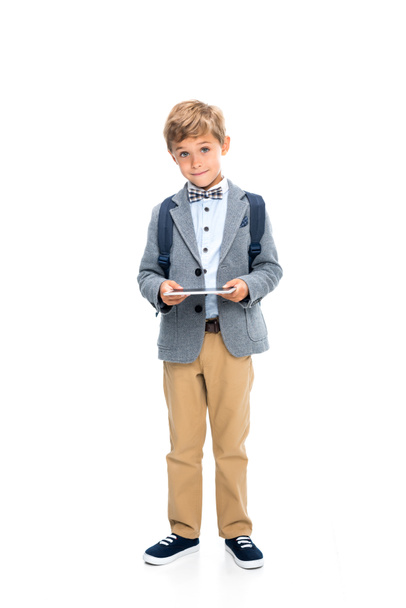smiling schoolboy with digital tablet - Foto, Imagem