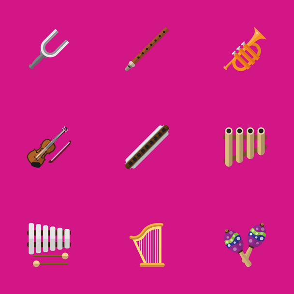 Set de 9 iconos planos de audio editables. Incluye símbolos como violín, oboe, palos y más. Puede ser utilizado para el diseño de la tela, móvil, interfaz de usuario e infografía
. - Vector, Imagen