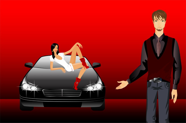 Lány és a férfi és a sport autó - Vektor, kép