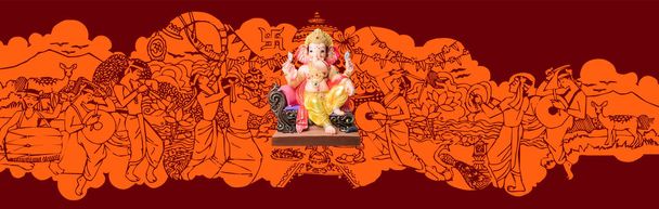 Festival Ganapati ou ganesh ou Happy Ganesh Chaturthi Carte de voeux montrant la photographie de lshloka : ord ganesha idol avec sanskrit shloka et illustration en arrière-plan
 - Photo, image