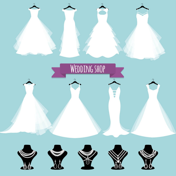 Wedding shop. Vector illustration, eps 10. Wedding dress and jewelry. - Vector, Image