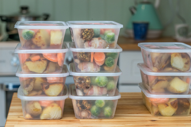 Meal prep. Stack of home cooked roast dinners - Photo, Image
