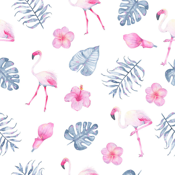 Watercolor tropical seamless pattern hand painted with flamingo pink calla hibiscus frangipani and leaves of indigo palm monstera - Foto, imagen