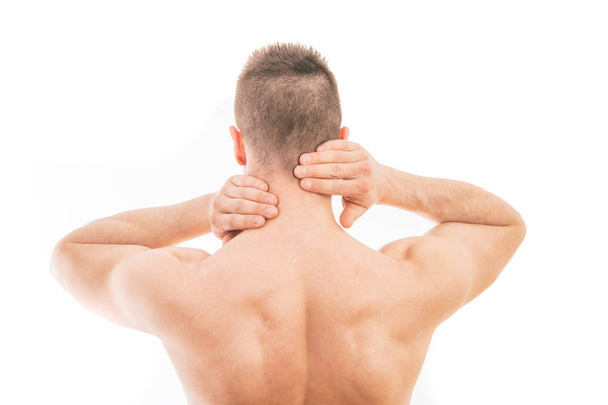 Hombre con dolor de cuello sobre fondo blanco
 - Foto, Imagen