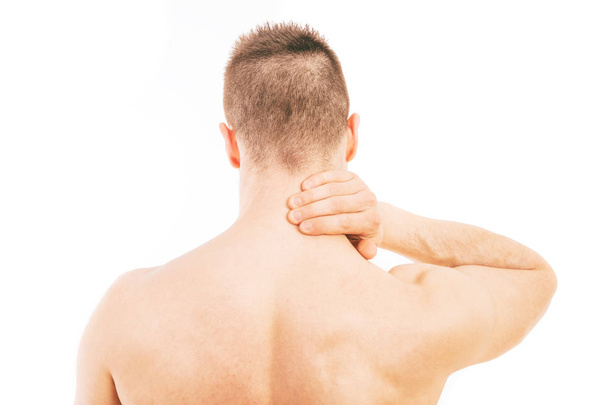 Человек с болью в шее на белом фоне
 - Фото, изображение
