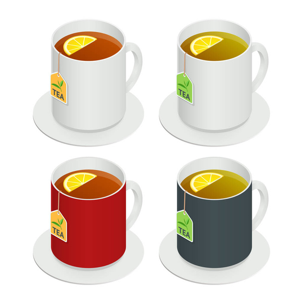 Isometric vector set of multicolored ceramic cups with tea and a piece lemon on white background. Drink Modern vector illustration for web and mobile. Flat Icon. - Vetor, Imagem