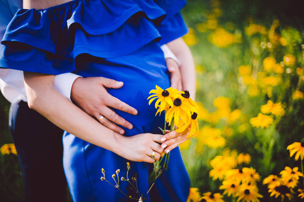 Ojca i matki w ciąży, trzymając się za ręce wraz z żółte kwiaty na łące. - Zdjęcie, obraz