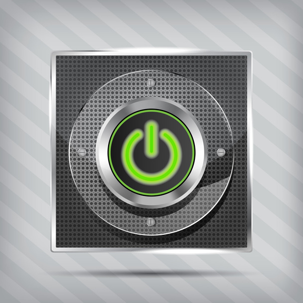 Metallic green power button icon on the striped background - Vetor, Imagem