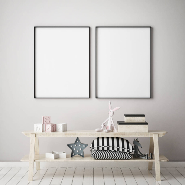 mock up poster frame in children bedroom, Scandinavian style interior background, 3D render - Photo, Image
