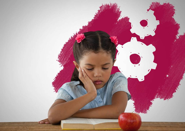 Girl tired at desk with apple - Foto, immagini