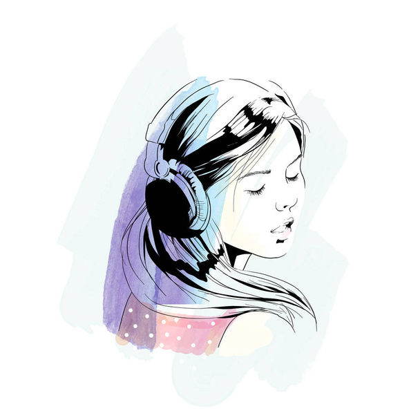 Девушка слушает музыку в наушниках - Вектор,изображение