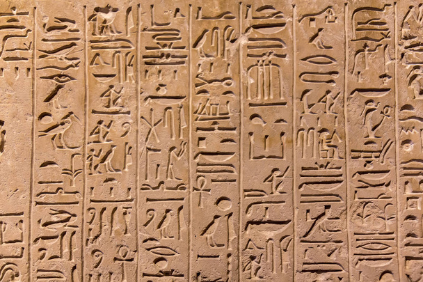 Ієрогліфічні різьблення на зовнішніх стінах стародавнього егіптського храму. - Фото, зображення