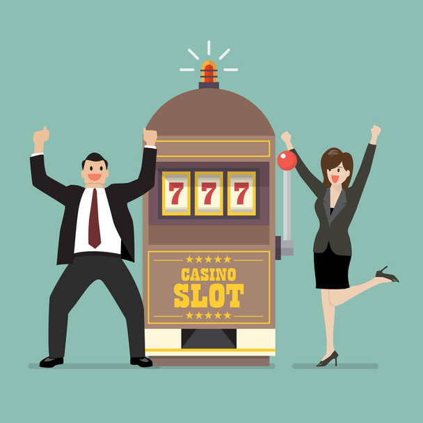 Slot machine jackpot with celebrate businessman and woman - Vector, Image