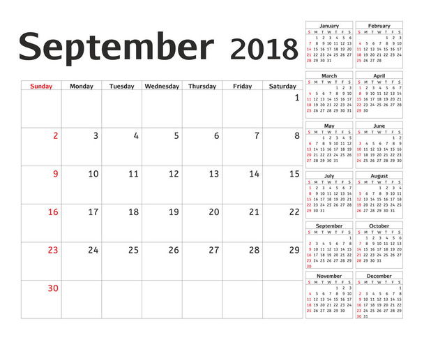Pianificatore di calendario semplice per 2018 anno. Design vettoriale modello settembre. Set di 12 mesi. La settimana inizia domenica. Calendario pianificazione settimana
. - Vettoriali, immagini
