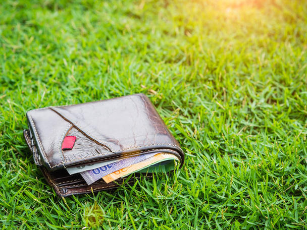 Ztratil koženou peněženku s penězi na zelené trávě pozadí, ztracené peníze koncept, kopírovat prostor na vrcholu. - Fotografie, Obrázek