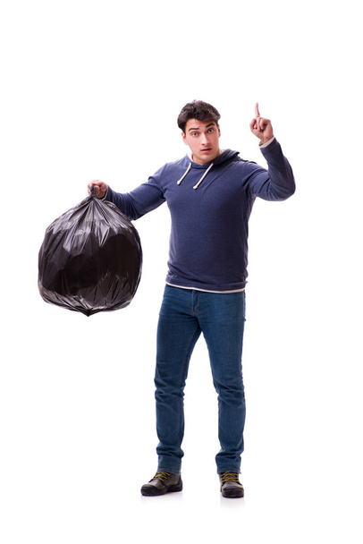 Homem com saco de lixo isolado em branco
 - Foto, Imagem