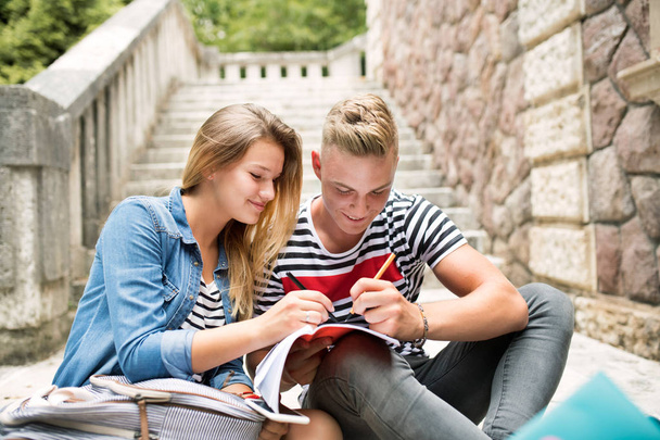 Attractive teenage student couple in front of university studyin - Foto, imagen