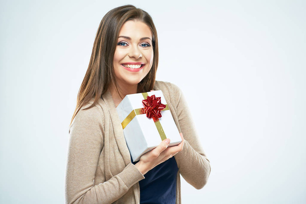Happy woman hold gift box. - Valokuva, kuva
