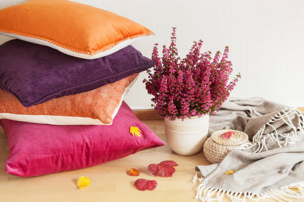 kleurrijke kussens gooien gezellige huis herfst stemming bloem - Foto, afbeelding