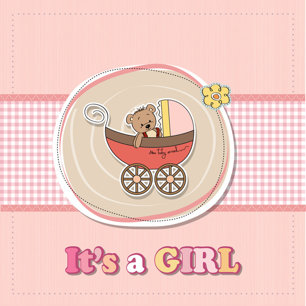 urso de pelúcia engraçado no carrinho, cartão de anúncio do bebê - Foto, Imagem