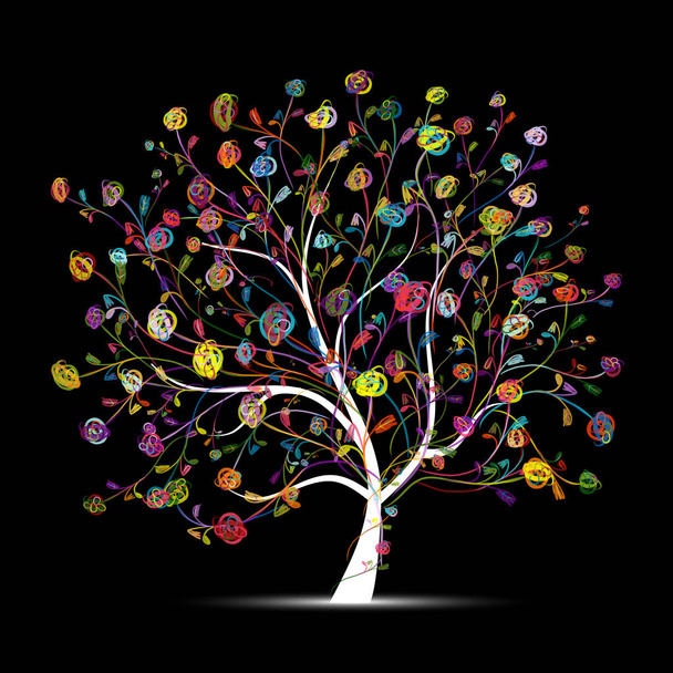 Floral tree colorful on black for your design - Vector, Image