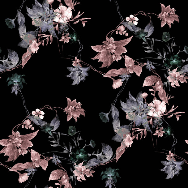 Watercolor painting leaf and flowers, seamless pattern on dark background - Valokuva, kuva