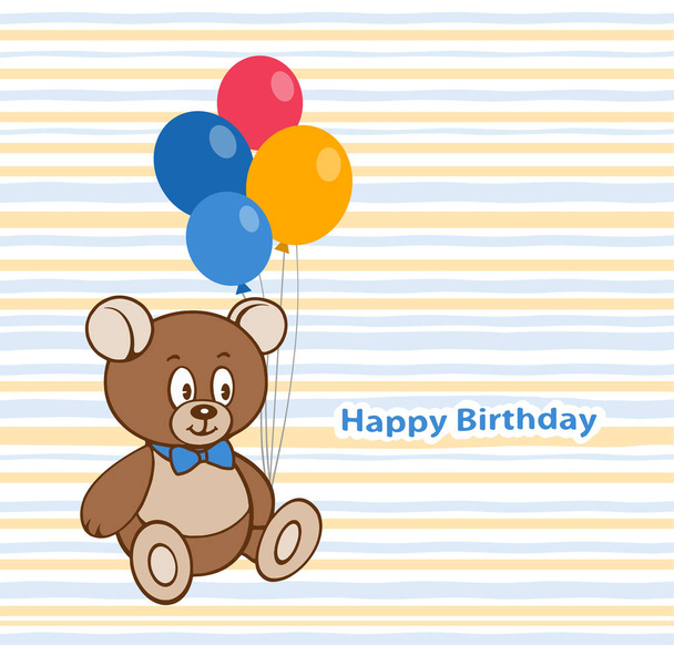 Geburtstagskarte Design mit einem niedlichen Teddybär und Luftballons - Vektor, Bild