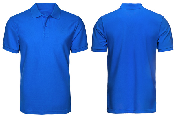 prázdné modré tričko s límečkem, přední a zadní pohled, izolované bílým pozadím. Tričko s límečkem, šablonu návrhu a mockup pro tisk. - Fotografie, Obrázek