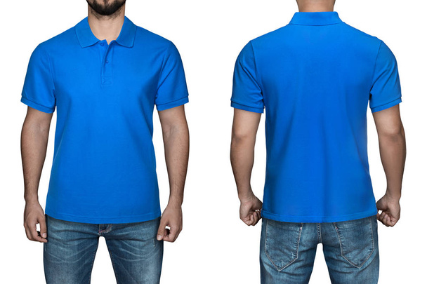Männer in blauem Poloshirt, Vorder- und Rückansicht, isolierter weißer Hintergrund. Design Poloshirt, Vorlage und Mockup für den Druck. - Foto, Bild