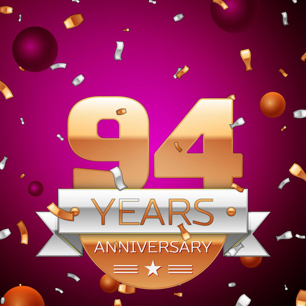 Realistic Ninety four Years Anniversary Celebration Design. Golden numbers and silver ribbon, confetti on purple background. Colorful Vector template elements for your birthday party - Vector, Image