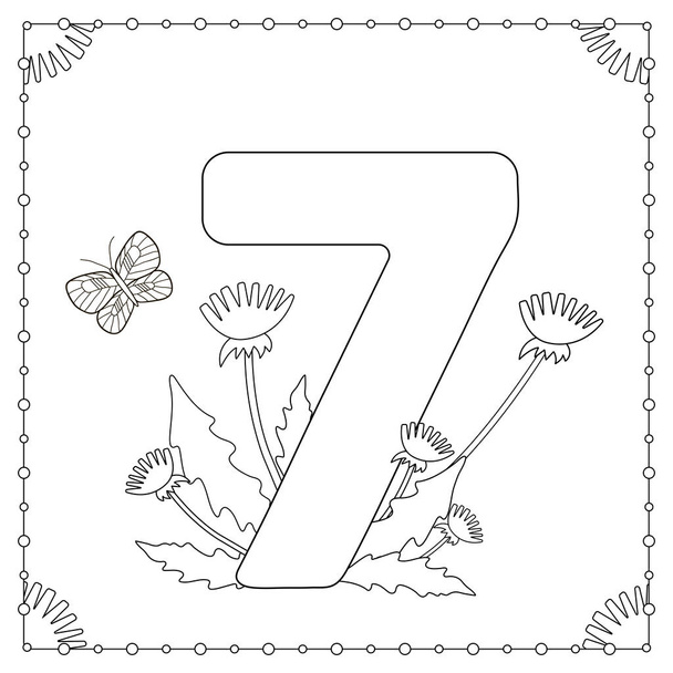 Número sete com flores, folhas e borboleta. Desenho para colorir
 - Vetor, Imagem