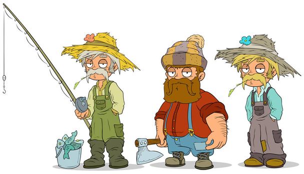 Γελοιογραφία ψαράς αγρότης ξυλοκόπος χαρακτήρες set - Διάνυσμα, εικόνα