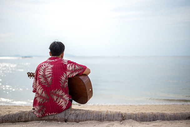 Handsome man playing classic guitar sitting on the beach in vacations. Summer Concept - 写真・画像