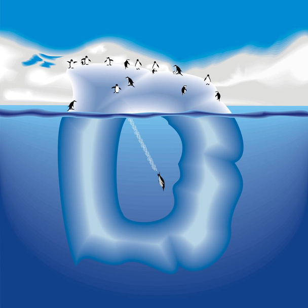 D letter iceberg with penguins  - Vector, Image