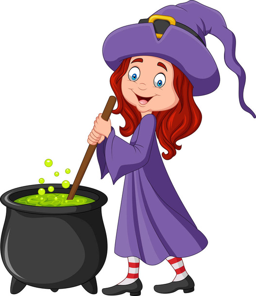 Маленькая ведьма-мультяшка готовит зелье
 - Вектор,изображение