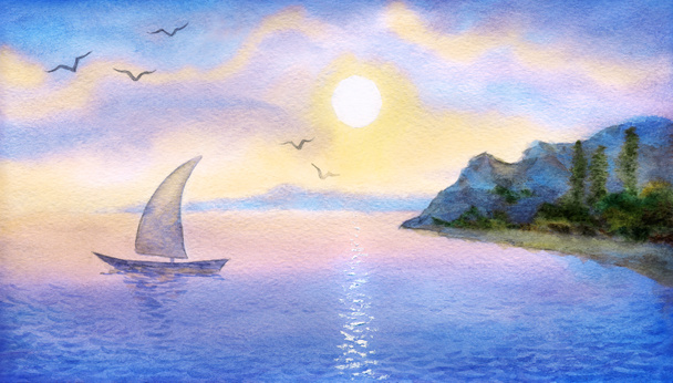 Purjevene merellä kohtaa auringon
 - Valokuva, kuva