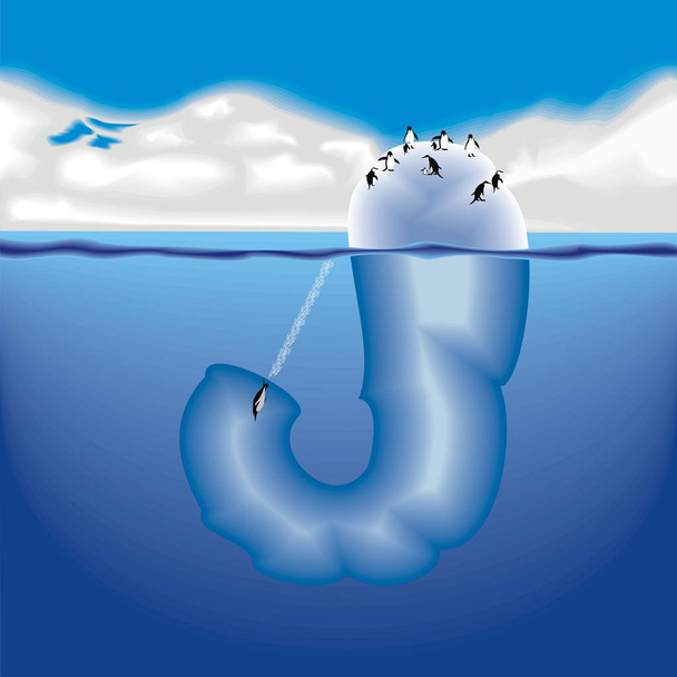 J letter iceberg with penguins - Vector, Image