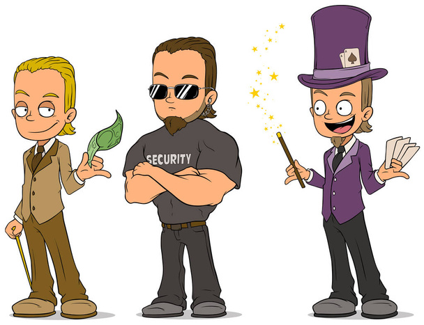 Mago de dibujos animados y personajes de seguridad conjunto
 - Vector, Imagen
