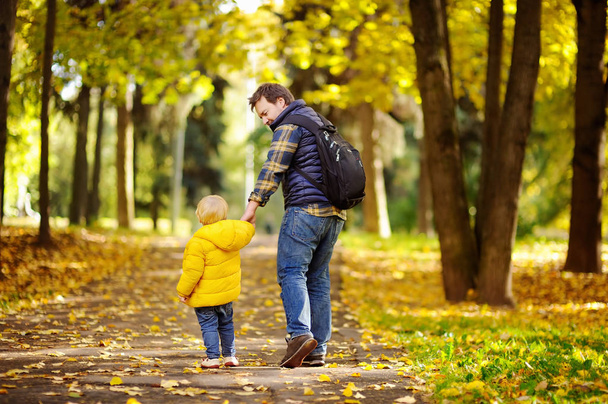 Father and his toddler son walking in autumn forest - Photo, Image