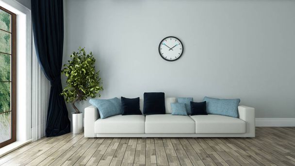 salón de pared azul con reloj
 - Foto, imagen