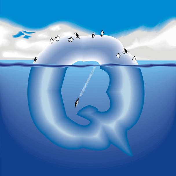 Q letter iceberg with penguins - Vector, Image